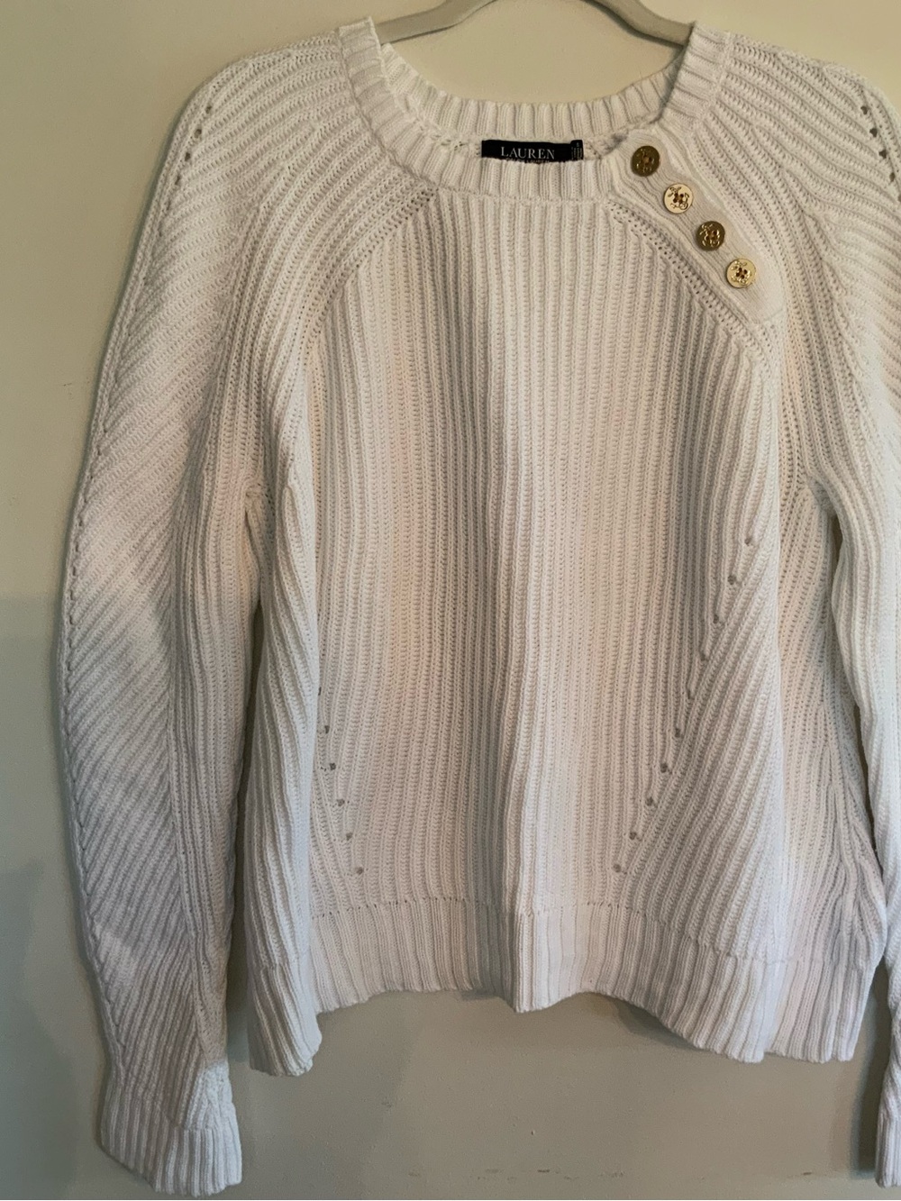 Ralph Lauren White Cotton Crewneck Sweater with Gold Shoulder Buttons